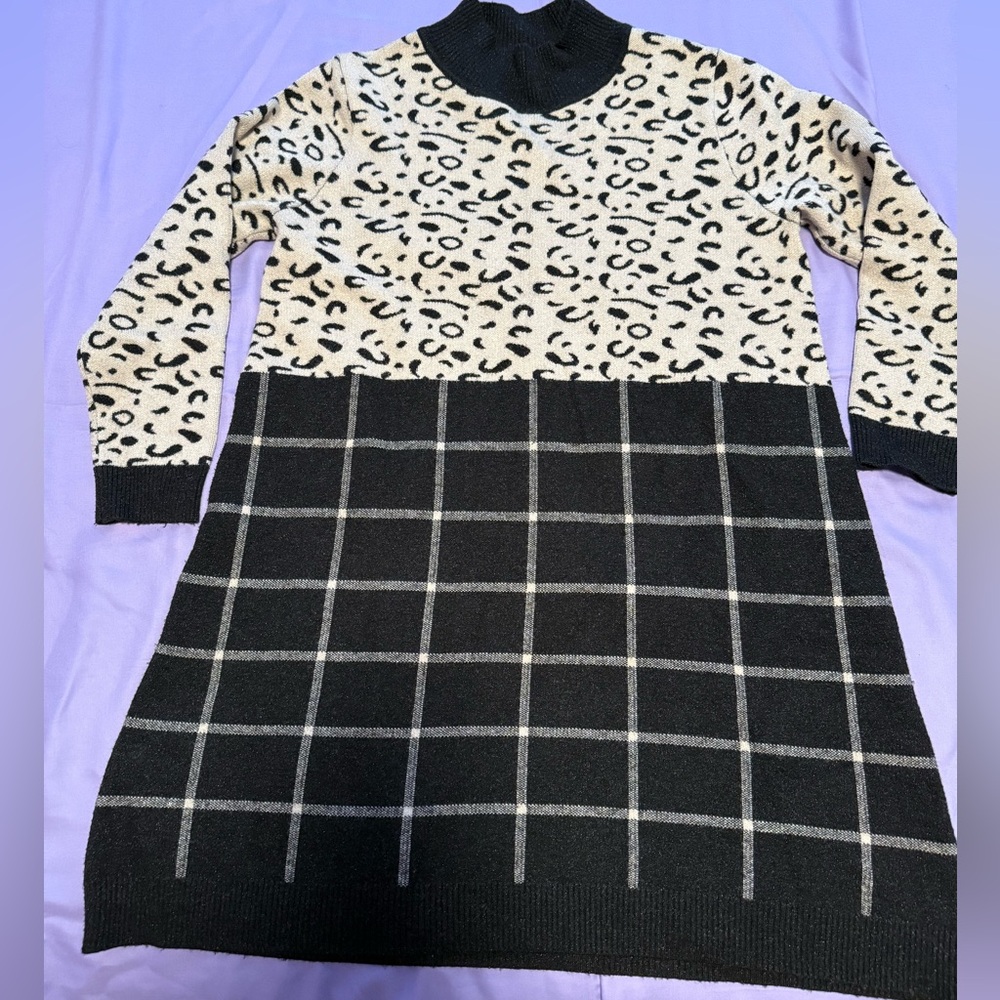 Women Leopard Print and Plaid Sweater Dress
